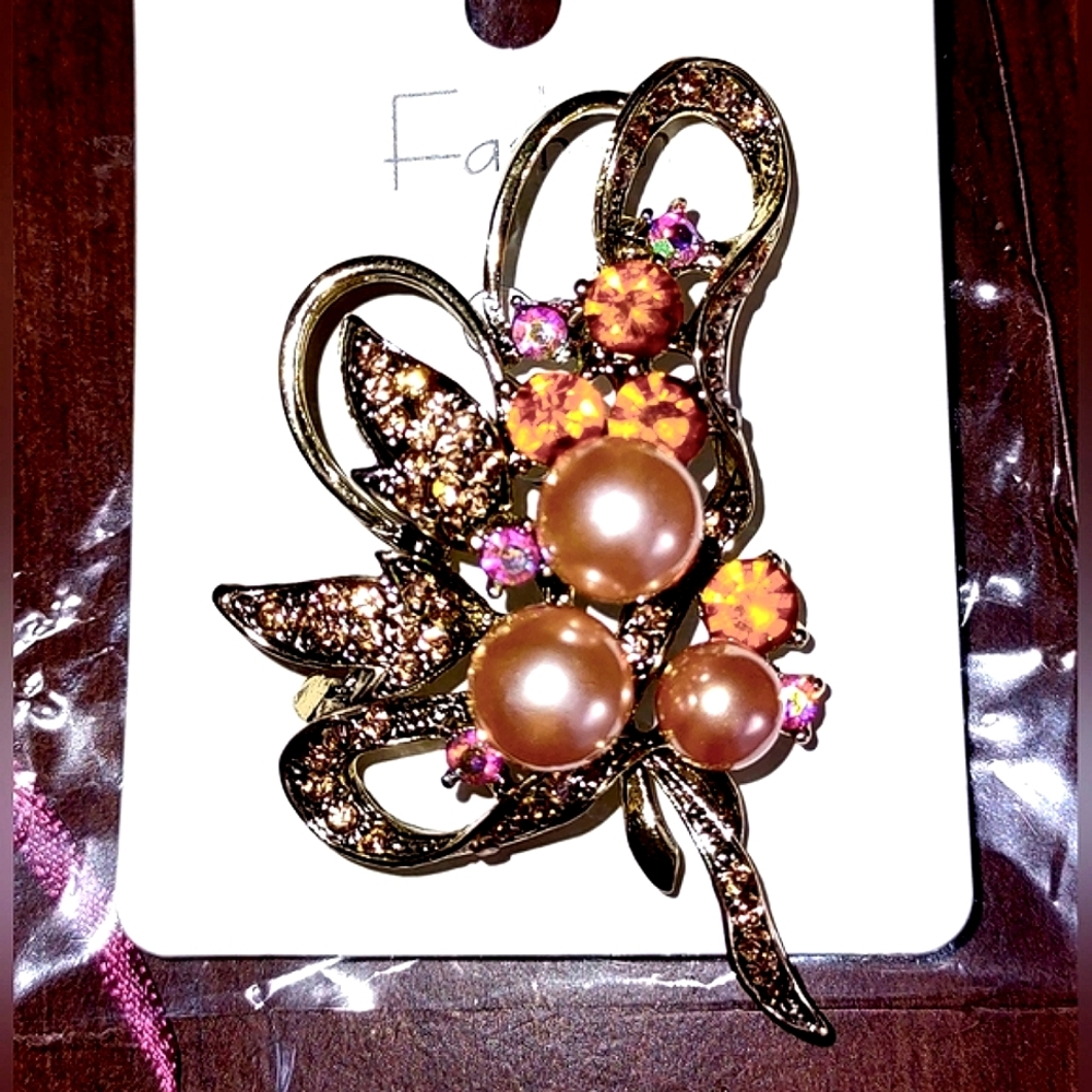 Petals & Peach Pearls in Rose Gold  Fashion Brooch